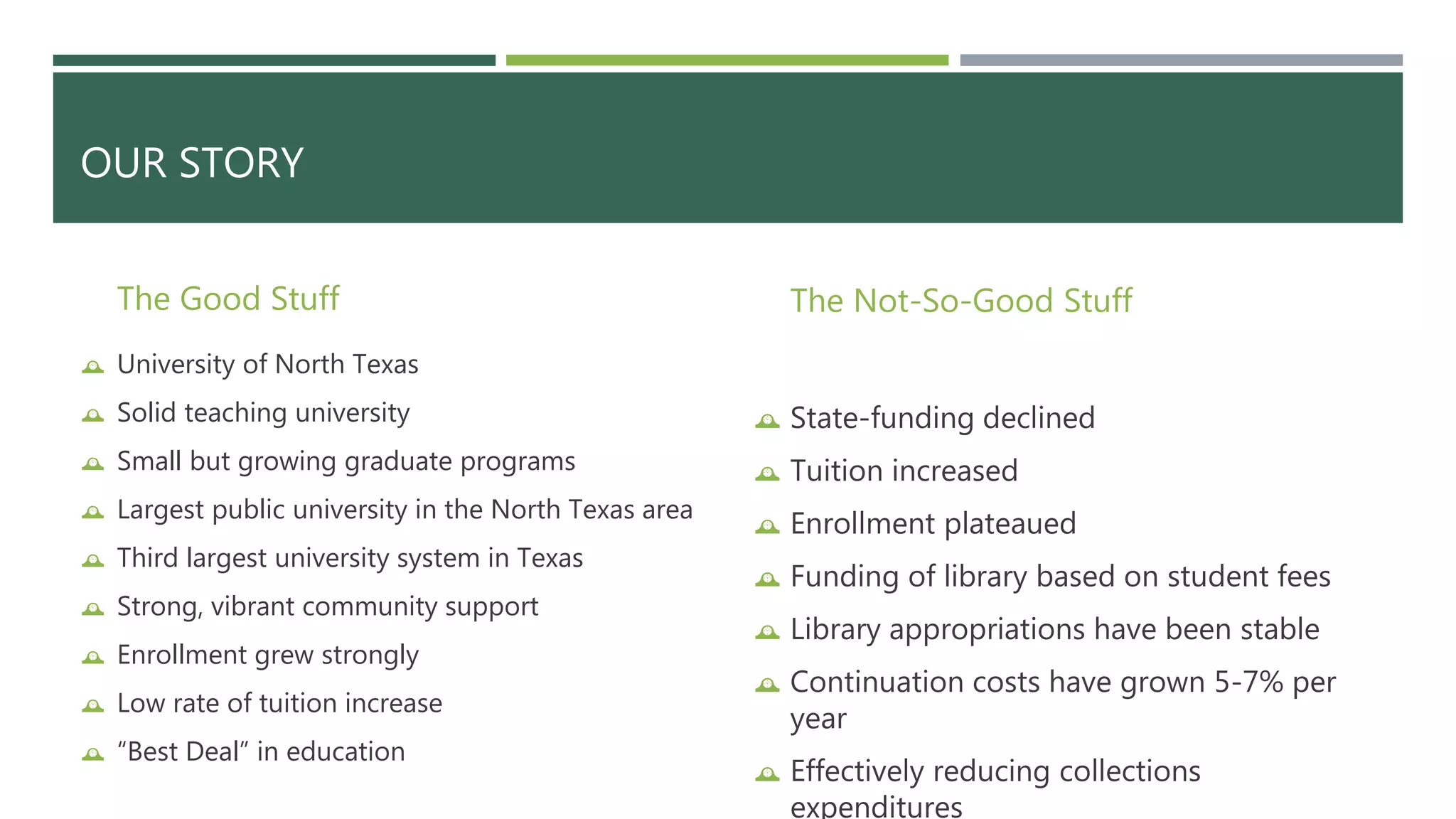 OUR STORY 
The Good Stuff 
 University of North Texas 
 Solid teaching university 
 Small but growing graduate programs 
 Largest public university in the North Texas area 
 Third largest university system in Texas 
 Strong, vibrant community support 
 Enrollment grew strongly 
 Low rate of tuition increase 
 “Best Deal” in education 
The Not-So-Good Stuff 
 State-funding declined 
 Tuition increased 
 Enrollment plateaued 
 Funding of library based on student fees 
 Library appropriations have been stable 
 Continuation costs have grown 5-7% per 
year 
 Effectively reducing collections 
expenditures 
 