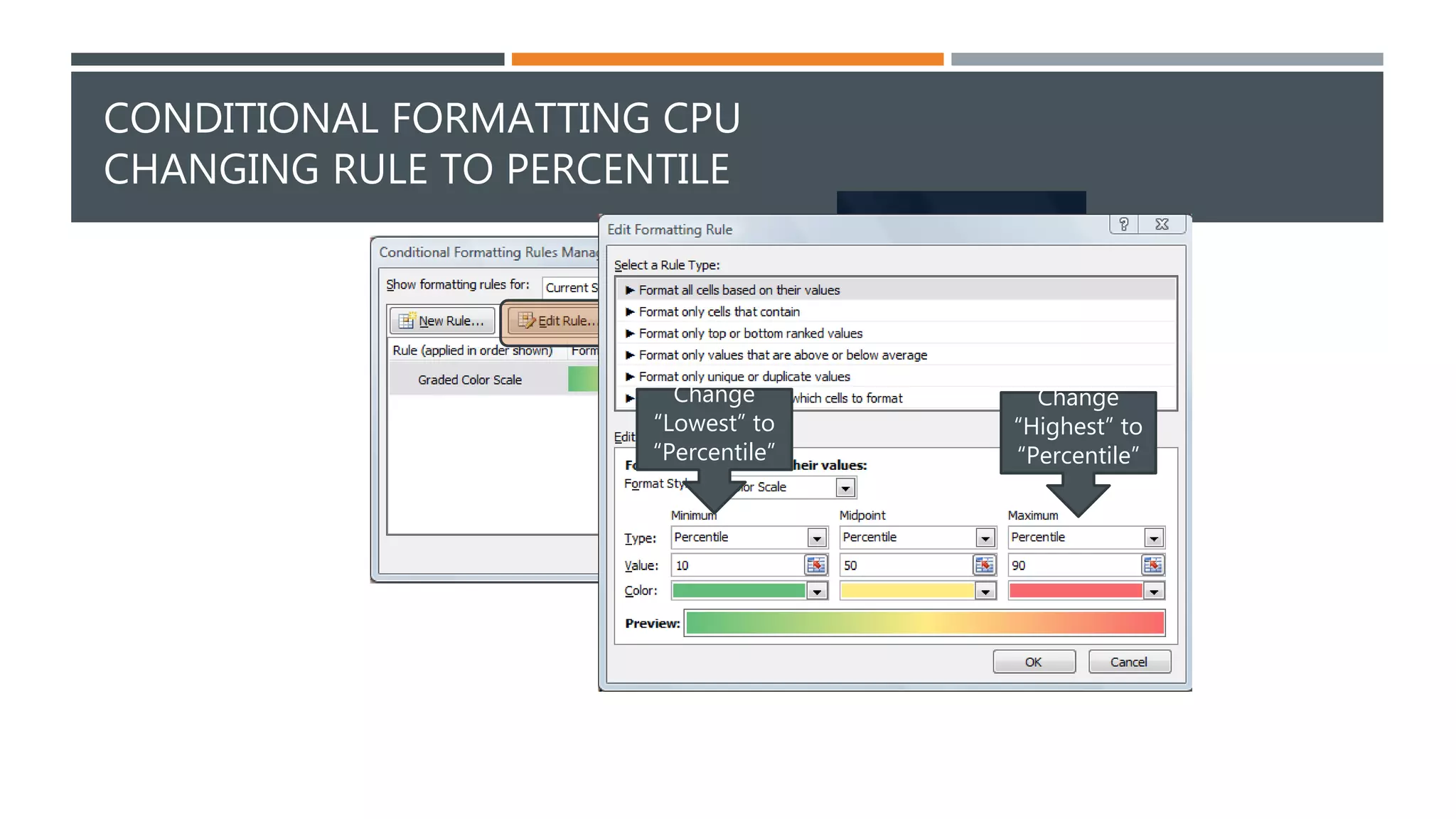 CONDITIONAL FORMATTING CPU 
CHANGING RULE TO PERCENTILE 
Change 
“Lowest” to 
“Percentile” 
Change 
“Highest” to 
“Percentile” 
 