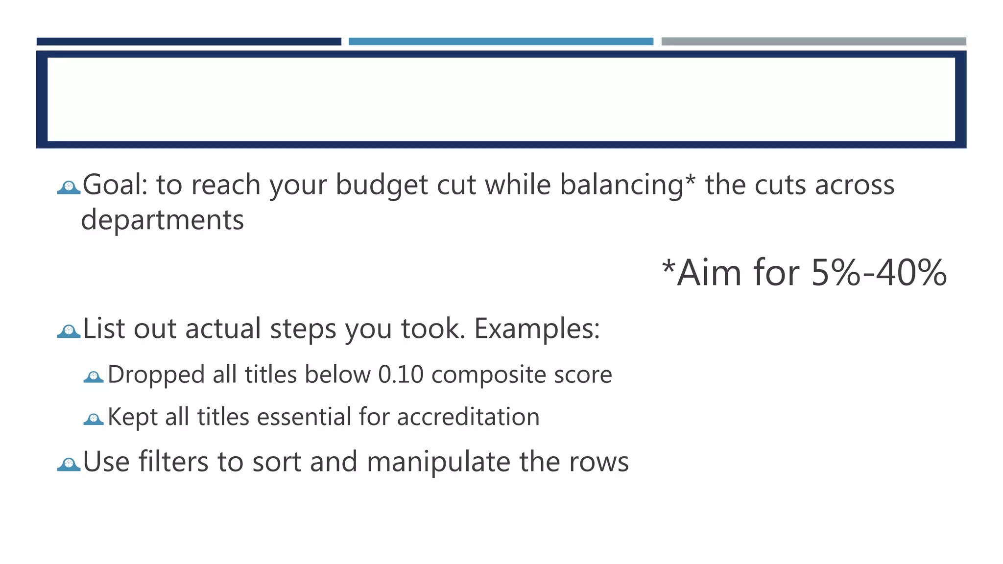 TASK 3: SCENARIO PLANNING 
Goal: to reach your budget cut while balancing* the cuts across 
departments 
*Aim for 5%-40% 
List out actual steps you took. Examples: 
Dropped all titles below 0.10 composite score 
Kept all titles essential for accreditation 
Use filters to sort and manipulate the rows 
 