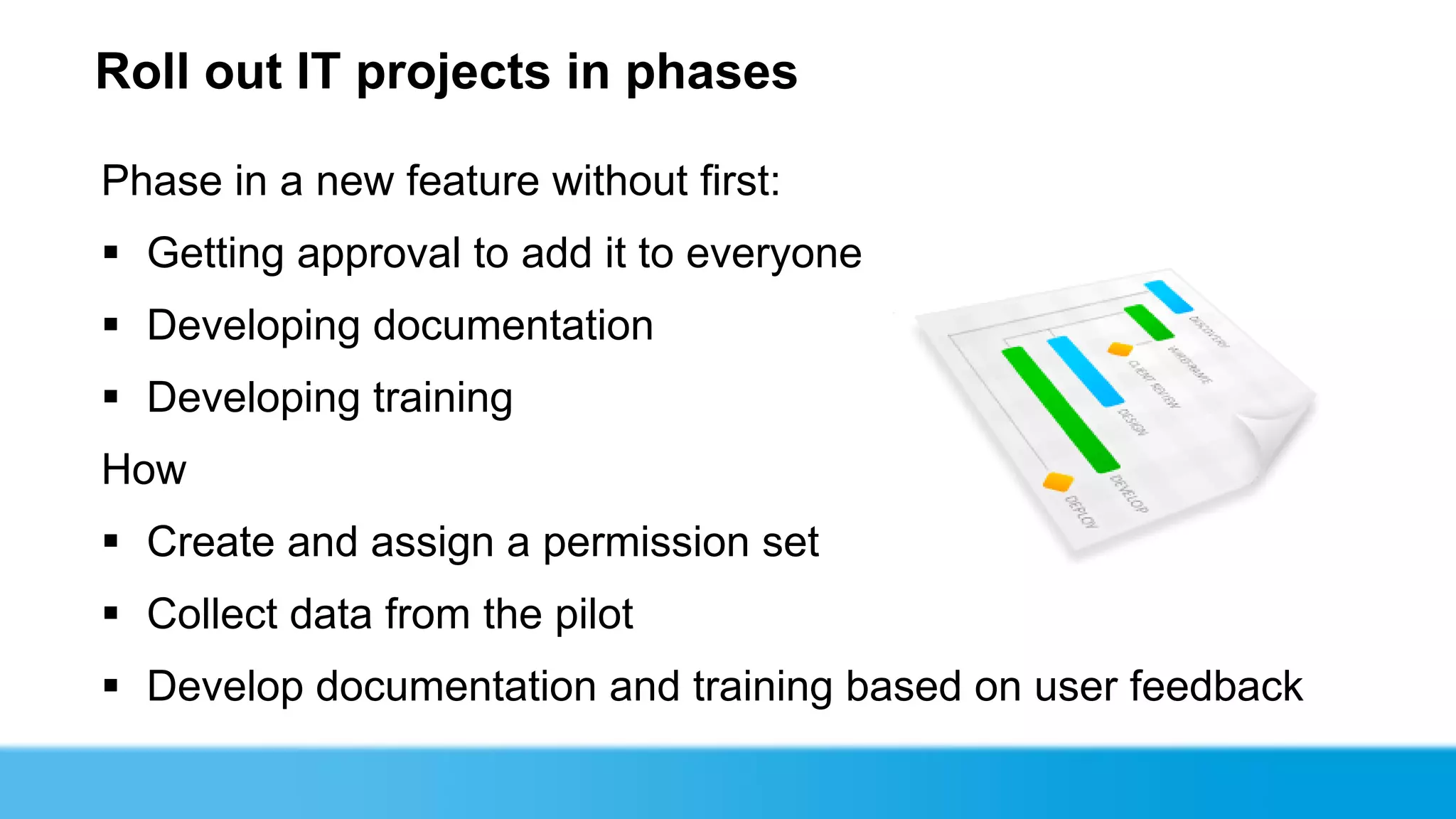 Roll out IT projects in phases

Phase in a new feature without first:
 Getting approval to add it to everyone
 Developing documentation
 Developing training
How
 Create and assign a permission set
 Collect data from the pilot
 Develop documentation and training based on user feedback
 