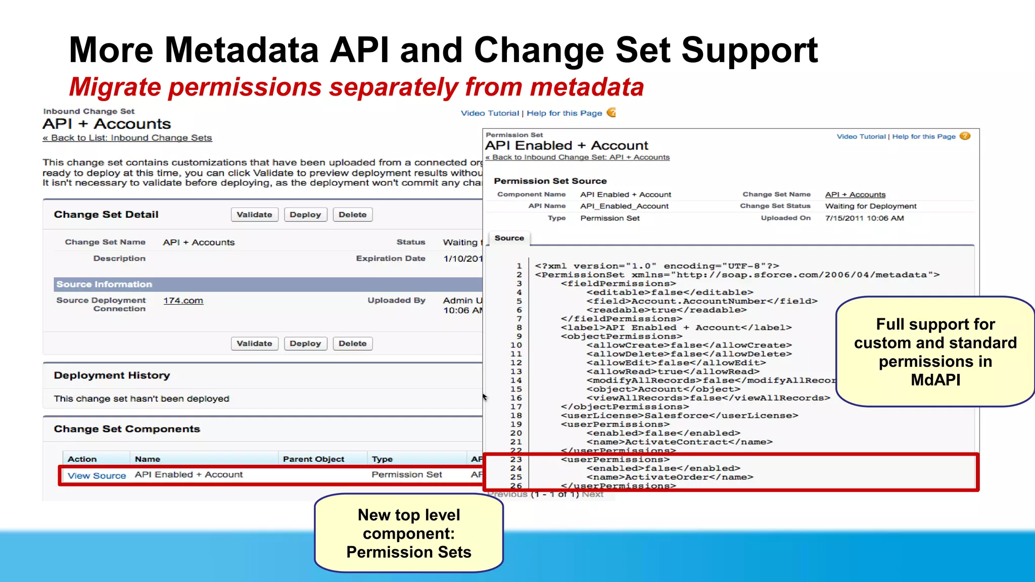 More Metadata API and Change Set Support
Migrate permissions separately from metadata




                                                 Full support for
                                               custom and standard
                                                  permissions in
                                                      MdAPI




                      New top level
                       component:
                     Permission Sets
 