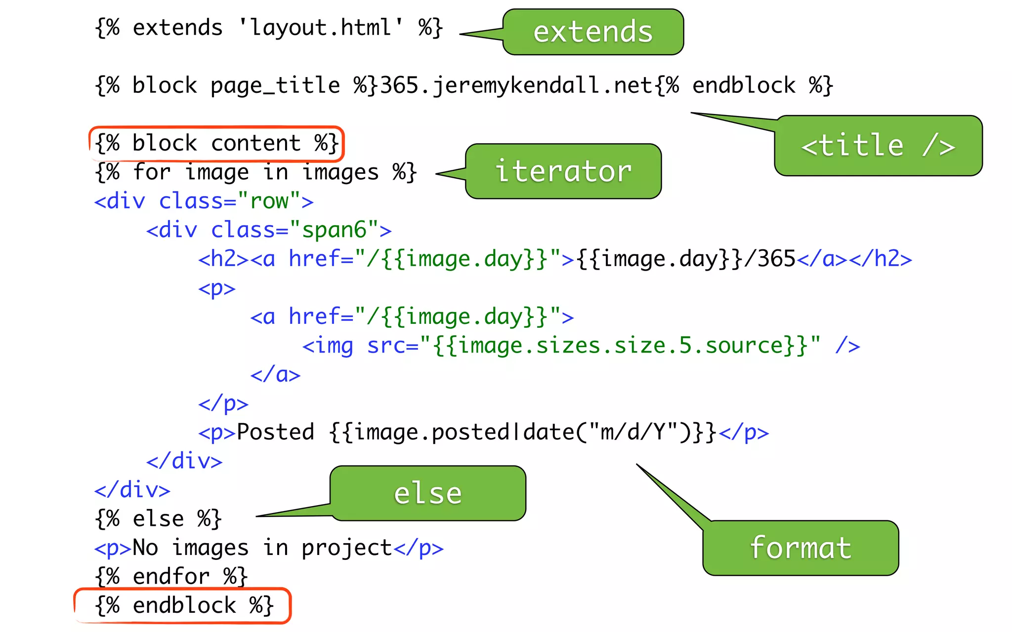 {% extends 'layout.html' %}      extends
{% block page_title %}365.jeremykendall.net{% endblock %}

{% block content %}                                     <title    />
{% for image in images %}        iterator
<div class="row">
    <div class="span6">
        <h2><a href="/{{image.day}}">{{image.day}}/365</a></h2>
        <p>
             <a href="/{{image.day}}">
                  <img src="{{image.sizes.size.5.source}}" />
             </a>
        </p>
        <p>Posted {{image.posted|date("m/d/Y")}}</p>
    </div>
</div>                   else
{% else %}
<p>No images in project</p>                         format
{% endfor %}
{% endblock %}
 