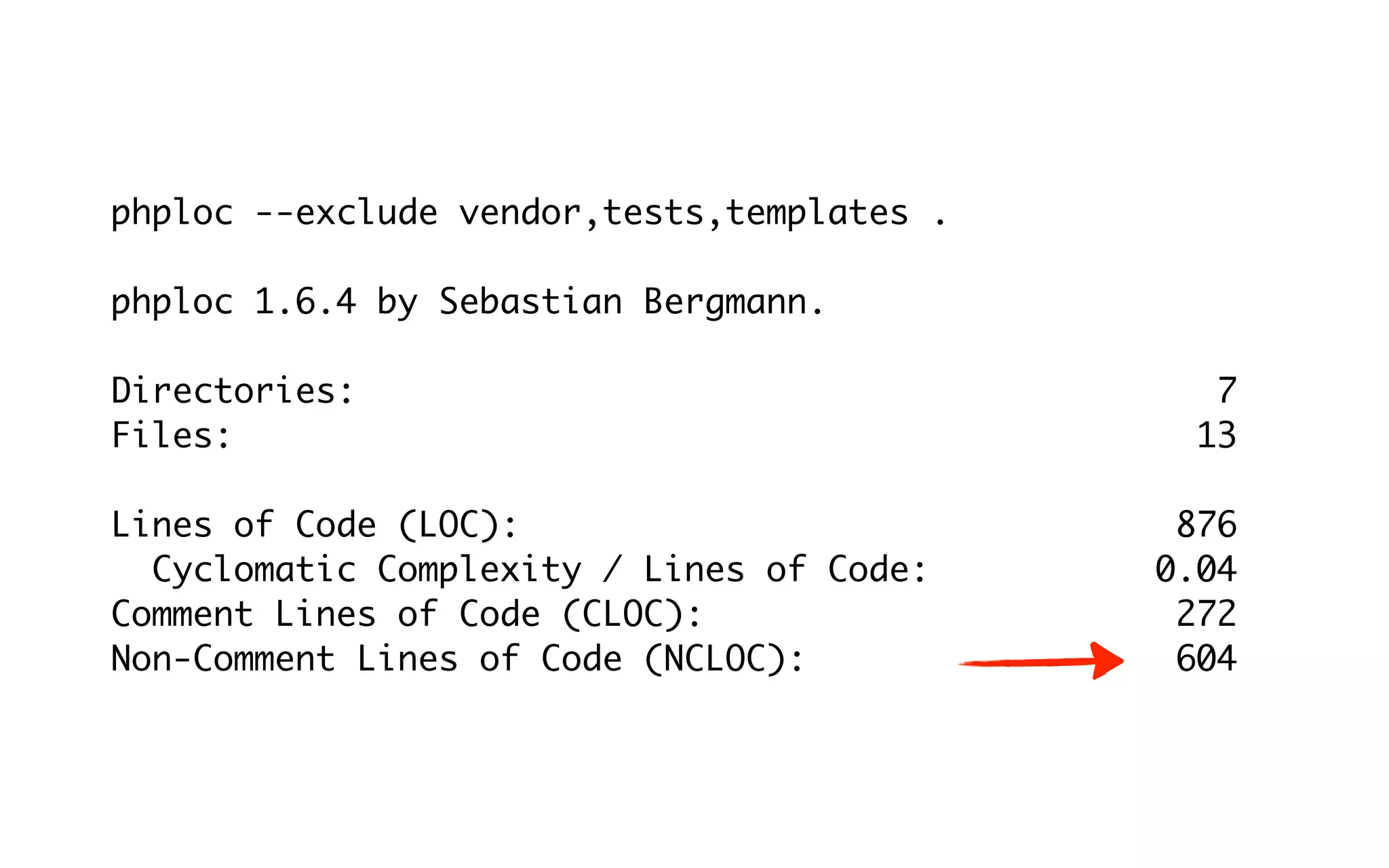phploc --exclude vendor,tests,templates .

phploc 1.6.4 by Sebastian Bergmann.

Directories:                                   7
Files:                                        13

Lines of Code (LOC):                         876
  Cyclomatic Complexity / Lines of Code:    0.04
Comment Lines of Code (CLOC):                272
Non-Comment Lines of Code (NCLOC):           604
 