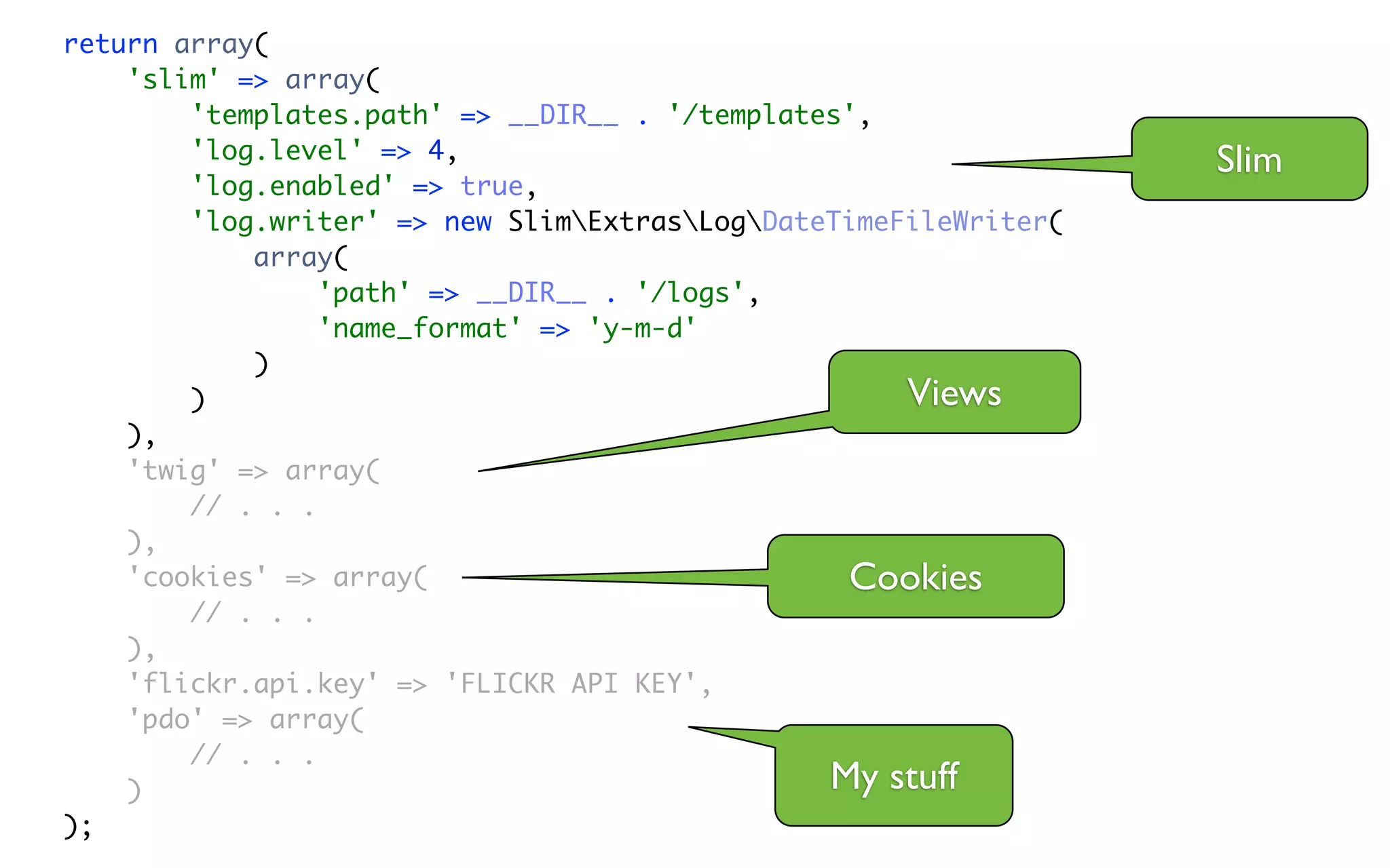return array(
    'slim' => array(
        'templates.path' => __DIR__ . '/templates',
        'log.level' => 4,                                         Slim
        'log.enabled' => true,
        'log.writer' => new SlimExtrasLogDateTimeFileWriter(
            array(
                 'path' => __DIR__ . '/logs',
                 'name_format' => 'y-m-d'
            )
        )                                            Views
    ),
    'twig' => array(
        // . . .
    ),
    'cookies' => array(                          Cookies
        // . . .
    ),
    'flickr.api.key' => 'FLICKR API KEY',
    'pdo' => array(
        // . . .
    )                                           My stuff
);
 