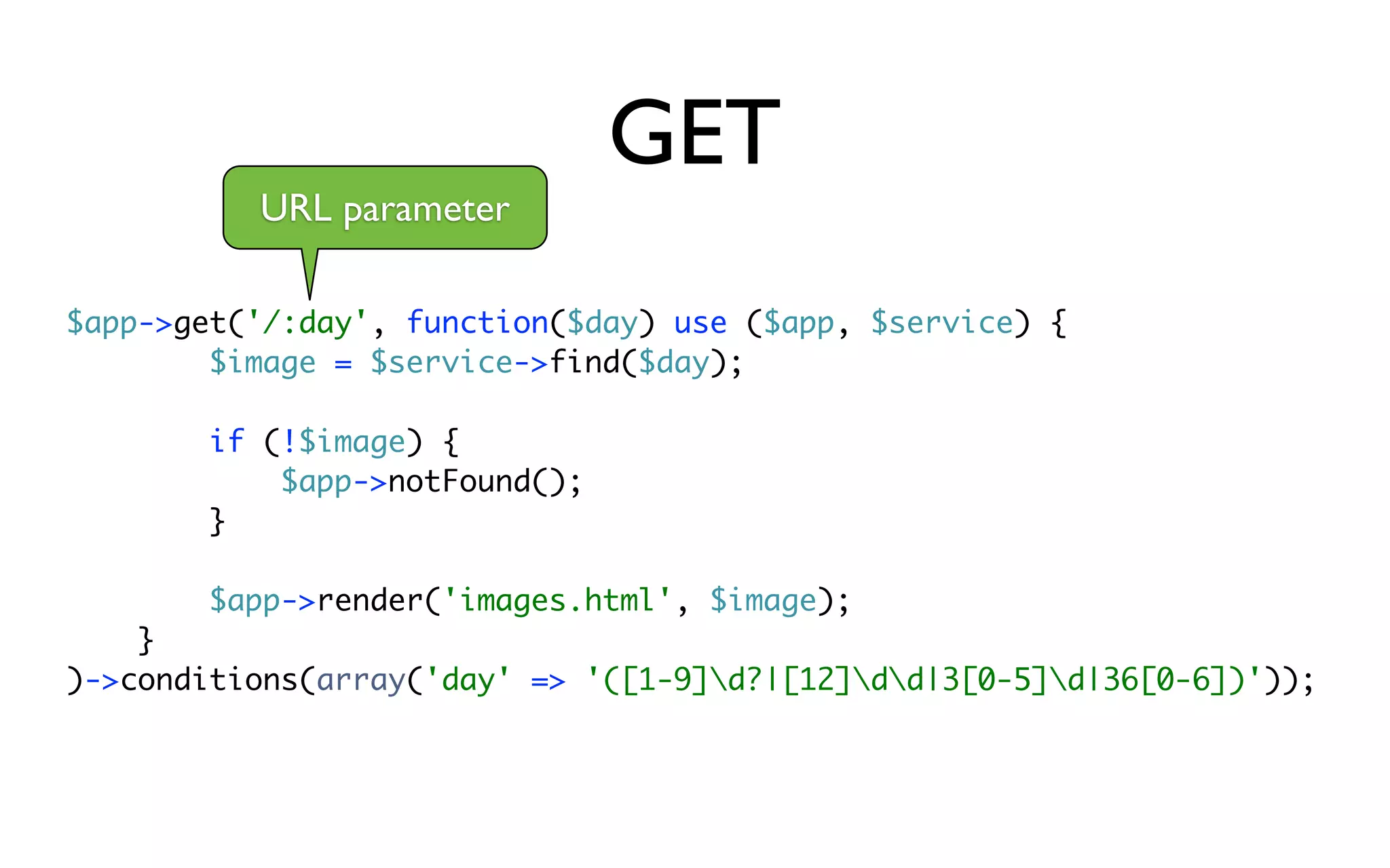 GET
          URL parameter

$app->get('/:day', function($day) use ($app, $service) {
        $image = $service->find($day);

        if (!$image) {
            $app->notFound();
        }

        $app->render('images.html', $image);
    }
)->conditions(array('day' => '([1-9]d?|[12]dd|3[0-5]d|36[0-6])'));
 