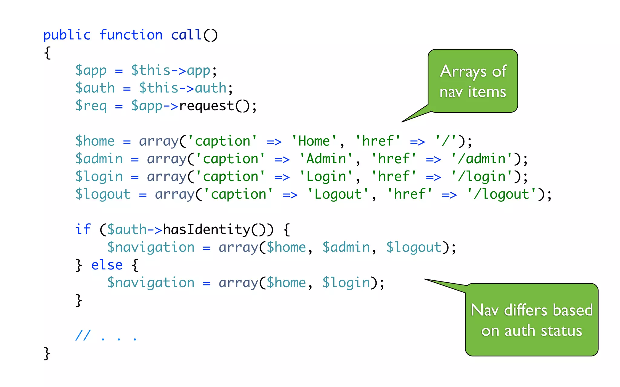 public function call()
{
    $app = $this->app;                           Arrays of
    $auth = $this->auth;                         nav items
    $req = $app->request();

    $home = array('caption' => 'Home', 'href' => '/');
    $admin = array('caption' => 'Admin', 'href' => '/admin');
    $login = array('caption' => 'Login', 'href' => '/login');
    $logout = array('caption' => 'Logout', 'href' => '/logout');

    if ($auth->hasIdentity()) {
        $navigation = array($home, $admin, $logout);
    } else {
        $navigation = array($home, $login);
    }
                                                       Nav differs based
    // . . .                                            on auth status
}
 