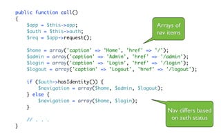 public function call()
{
    $app = $this->app;                           Arrays of
    $auth = $this->auth;                         nav items
    $req = $app->request();

    $home = array('caption' => 'Home', 'href' => '/');
    $admin = array('caption' => 'Admin', 'href' => '/admin');
    $login = array('caption' => 'Login', 'href' => '/login');
    $logout = array('caption' => 'Logout', 'href' => '/logout');

    if ($auth->hasIdentity()) {
        $navigation = array($home, $admin, $logout);
    } else {
        $navigation = array($home, $login);
    }
                                                       Nav differs based
    // . . .                                            on auth status
}
 