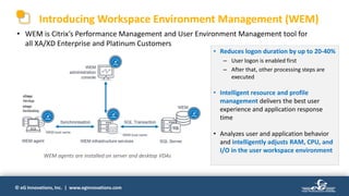 © eG Innovations, Inc. | www.eginnovations.com
Introducing Workspace Environment Management (WEM)
• WEM is Citrix’s Performance Management and User Environment Management tool for
all XA/XD Enterprise and Platinum Customers
• Reduces logon duration by up to 20-40%
– User logon is enabled first
– After that, other processing steps are
executed
• Intelligent resource and profile
management delivers the best user
experience and application response
time
• Analyzes user and application behavior
and intelligently adjusts RAM, CPU, and
I/O in the user workspace environment
WEM agents are installed on server and desktop VDAs
 