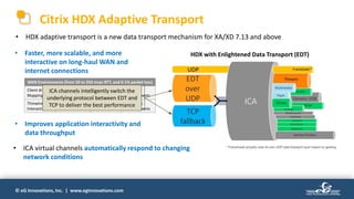 © eG Innovations, Inc. | www.eginnovations.com
Citrix HDX Adaptive Transport
• HDX adaptive transport is a new data transport mechanism for XA/XD 7.13 and above
• Faster, more scalable, and more
interactive on long-haul WAN and
internet connections
• Improves application interactivity and
data throughput
WAN Environments (from 50 to 250 msec RTT, and 0-1% packet loss)
Client drive
Mapping
Up to 10x
improvements
Printing Up to 2x
improvements
Thinwire
Interactivity
Up to 2.5x
improvements
Generic USB Up to 35%
improvements
• ICA virtual channels automatically respond to changing
network conditions
ICA channels intelligently switch the
underlying protocol between EDT and
TCP to deliver the best performance
HDX with Enlightened Data Transport (EDT)
 