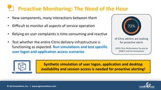 © eG Innovations, Inc. | www.eginnovations.com
Proactive Monitoring: The Need of the Hour
• New components, many interactions between them
• Difficult to monitor all aspects of service operation
• Relying on user complaints is time consuming and reactive
• Test whether the entire Citrix delivery infrastructure is
functioning as expected. Run simulations and test specific
user logon and application access scenarios
Synthetic simulation of user logon, application and desktop
availability and session access is needed for proactive alerting!
of Citrix admins are looking
for proactive alerts
2016 Citrix Performance Survey by
DABCC and eG Innovations
 