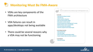 © eG Innovations, Inc. | www.eginnovations.com
Monitoring Must Be FMA-Aware
• VDAs are key components of the
FMA architecture
• VDA failures can result in
apps/desktops not being available
• There could be several reasons why
a VDA may not be functioning
 