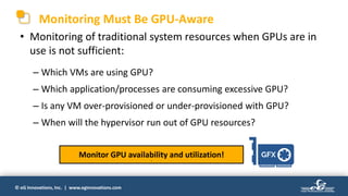 © eG Innovations, Inc. | www.eginnovations.com
Monitoring Must Be GPU-Aware
• Monitoring of traditional system resources when GPUs are in
use is not sufficient:
– Which VMs are using GPU?
– Which application/processes are consuming excessive GPU?
– Is any VM over-provisioned or under-provisioned with GPU?
– When will the hypervisor run out of GPU resources?
Monitor GPU availability and utilization!!
 