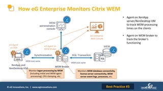 © eG Innovations, Inc. | www.eginnovations.com
How eG Enterprise Monitors Citrix WEM
• Agent on XenApp
server/XenDesktop VM
to track WEM processing
times on the clients
• Agent on WEM broker to
track the broker’s
functioning
eG Enterprise
Web Console
XenApp and
XenDesktop VDA
WEM Broker
eG Agent
on VDA
eG Agent on
WEM Broker
Monitors WEM database connectivity,
license server connectivity, WEM
server event logs, processes, etc.
Monitor logon processing by WEM
(including initial and WEM agent
processing), CPU clamping, etc.
Best Practice #3
 