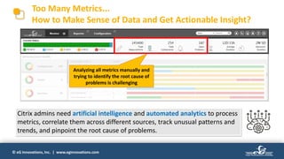 © eG Innovations, Inc. | www.eginnovations.com
Too Many Metrics...
How to Make Sense of Data and Get Actionable Insight?
Analyzing all metrics manually and
trying to identify the root cause of
problems is challenging
Citrix admins need artificial intelligence and automated analytics to process
metrics, correlate them across different sources, track unusual patterns and
trends, and pinpoint the root cause of problems.
 