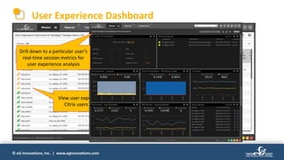 © eG Innovations, Inc. | www.eginnovations.com
User Experience Dashboard
View user experience metrics of all
Citrix users on a single screen
Drill down to a particular user’s
real-time session metrics for
user experience analysis
 