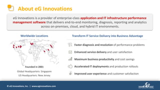 © eG Innovations, Inc. | www.eginnovations.com
About eG Innovations
Worldwide Locations
Global Headquarters: Singapore
US Headquarters: New Jersey
Founded in 2001
eG Innovations is a provider of enterprise-class application and IT infrastructure performance
management software that delivers end-to-end monitoring, diagnosis, reporting and analytics
across on-premises, cloud, and hybrid IT environments.
Faster diagnosis and resolution of performance problems
Enhanced service delivery and user satisfaction
Maximum business productivity and cost savings
Accelerated IT deployments and production rollouts
Improved user experience and customer satisfaction
Transform IT Service Delivery into Business Advantage
 