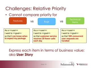 Challenges: Multiple BacklogsCreate a single prioritized list of work:The Product BacklogPotentially-Shippable Product IncrementProduct Backlog