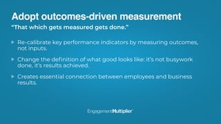 Adopt outcomes-driven measurement
Re-calibrate key performance indicators by measuring outcomes,
not inputs.
Change the deﬁnition of what good looks like: it’s not busywork
done, it’s results achieved.
Creates essential connection between employees and business
results.
“That which gets measured gets done.”
 