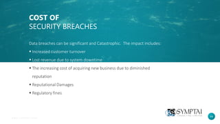 11
COST OF
SECURITY BREACHES
Data breaches can be significant and Catastrophic. The impact includes:
▪ Increased customer turnover
▪ Lost revenue due to system downtime
▪ The increasing cost of acquiring new business due to diminished
reputation
▪ Reputational Damages
▪ Regulatory fines
 
