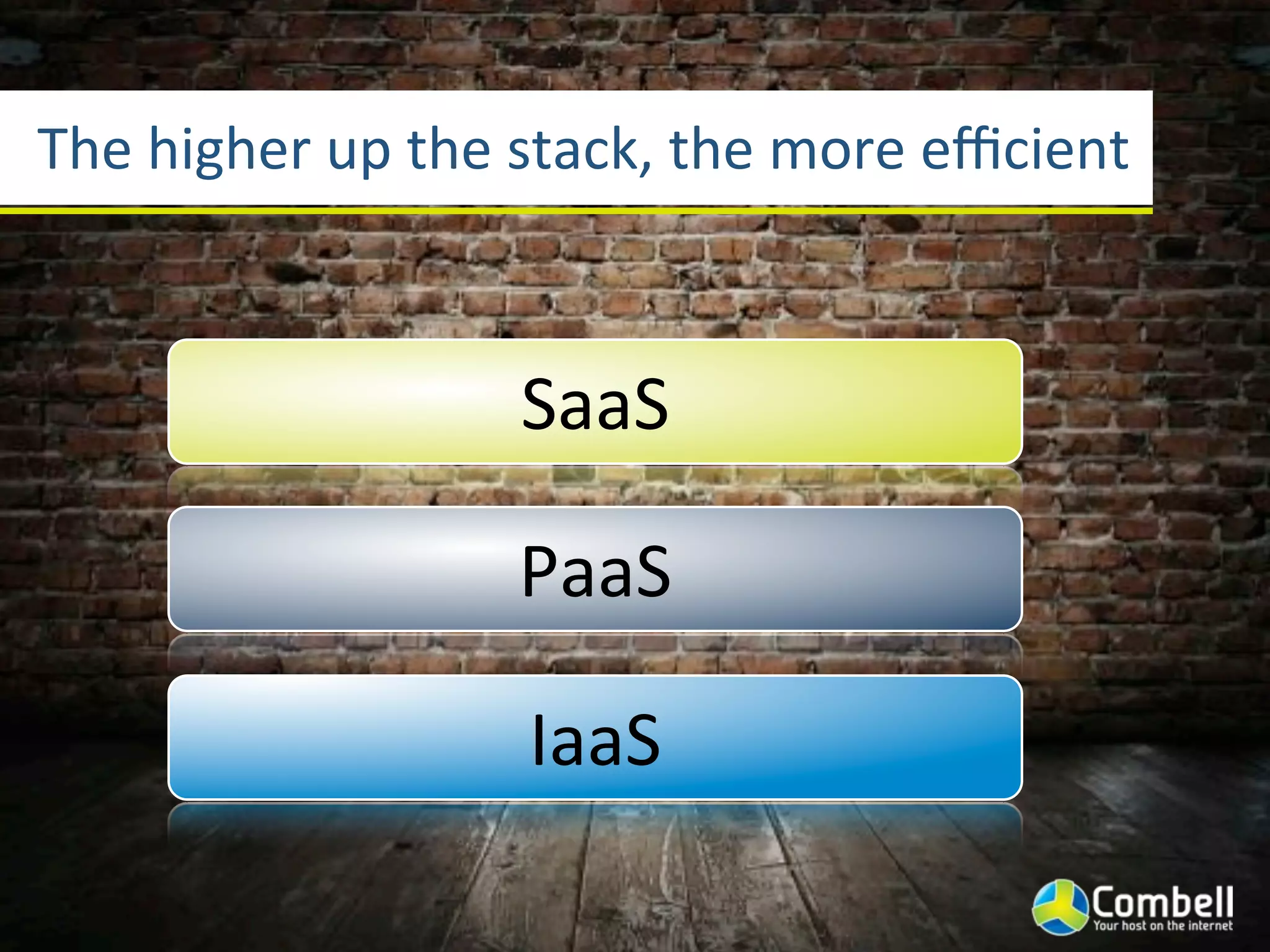 The(higher(up(the(stack,(the(more(eﬃcient



                  SaaS

                  PaaS

                  IaaS
 