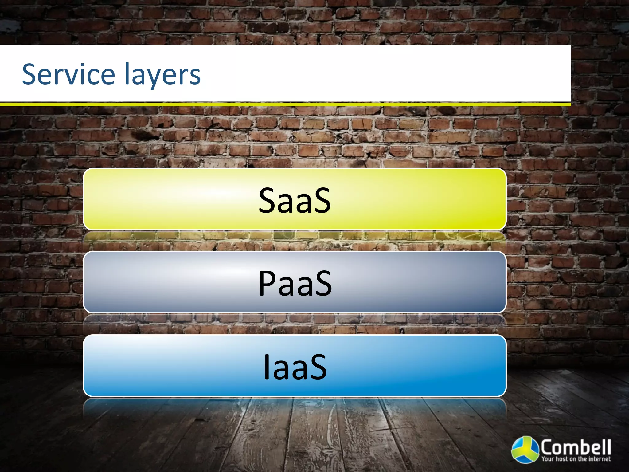 Service	
  layers


                    SaaS

                    PaaS

                    IaaS
 