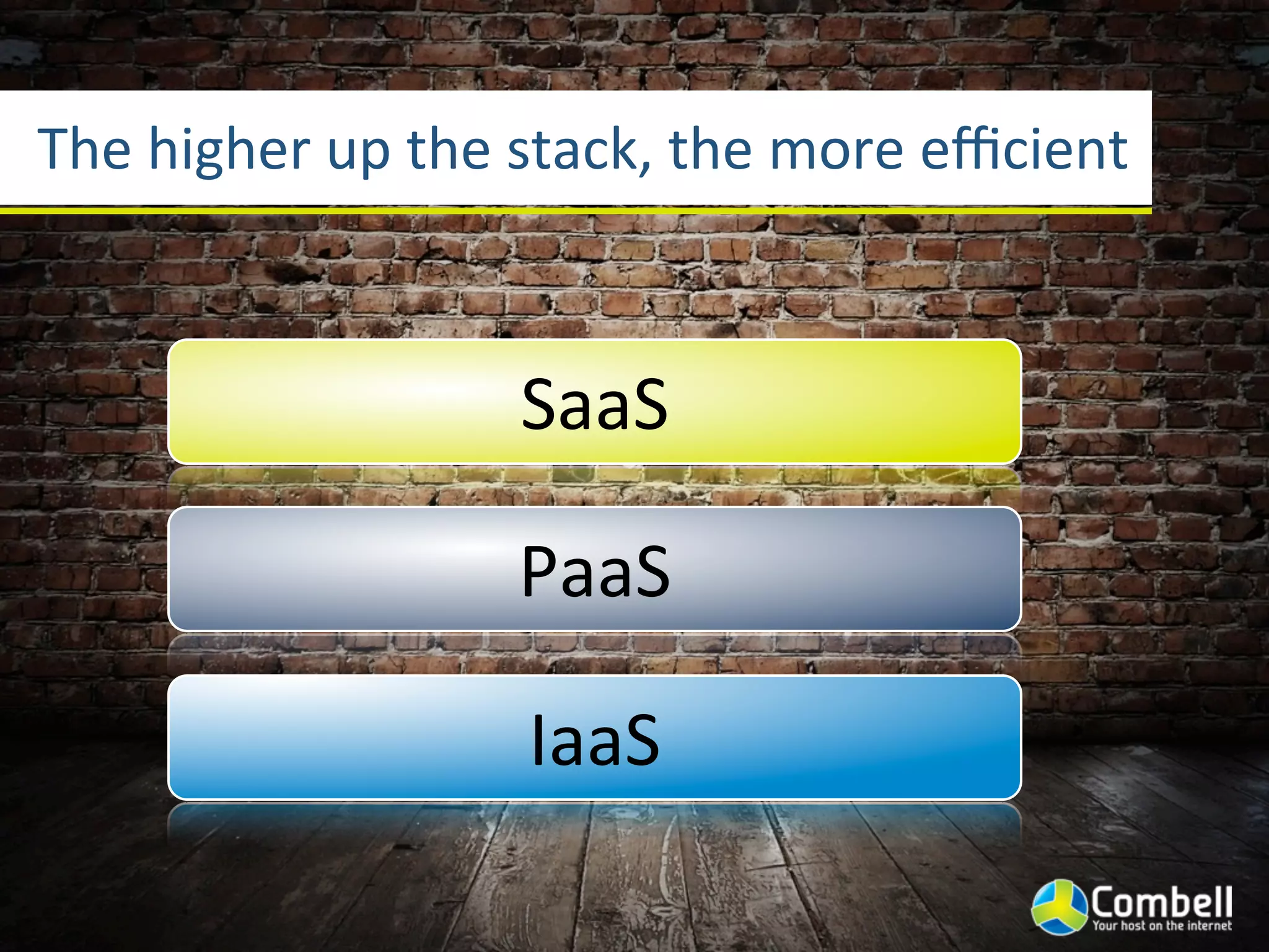 The	
  higher	
  up	
  the	
  stack,	
  the	
  more	
  eﬃcient



                           SaaS

                           PaaS

                           IaaS
 