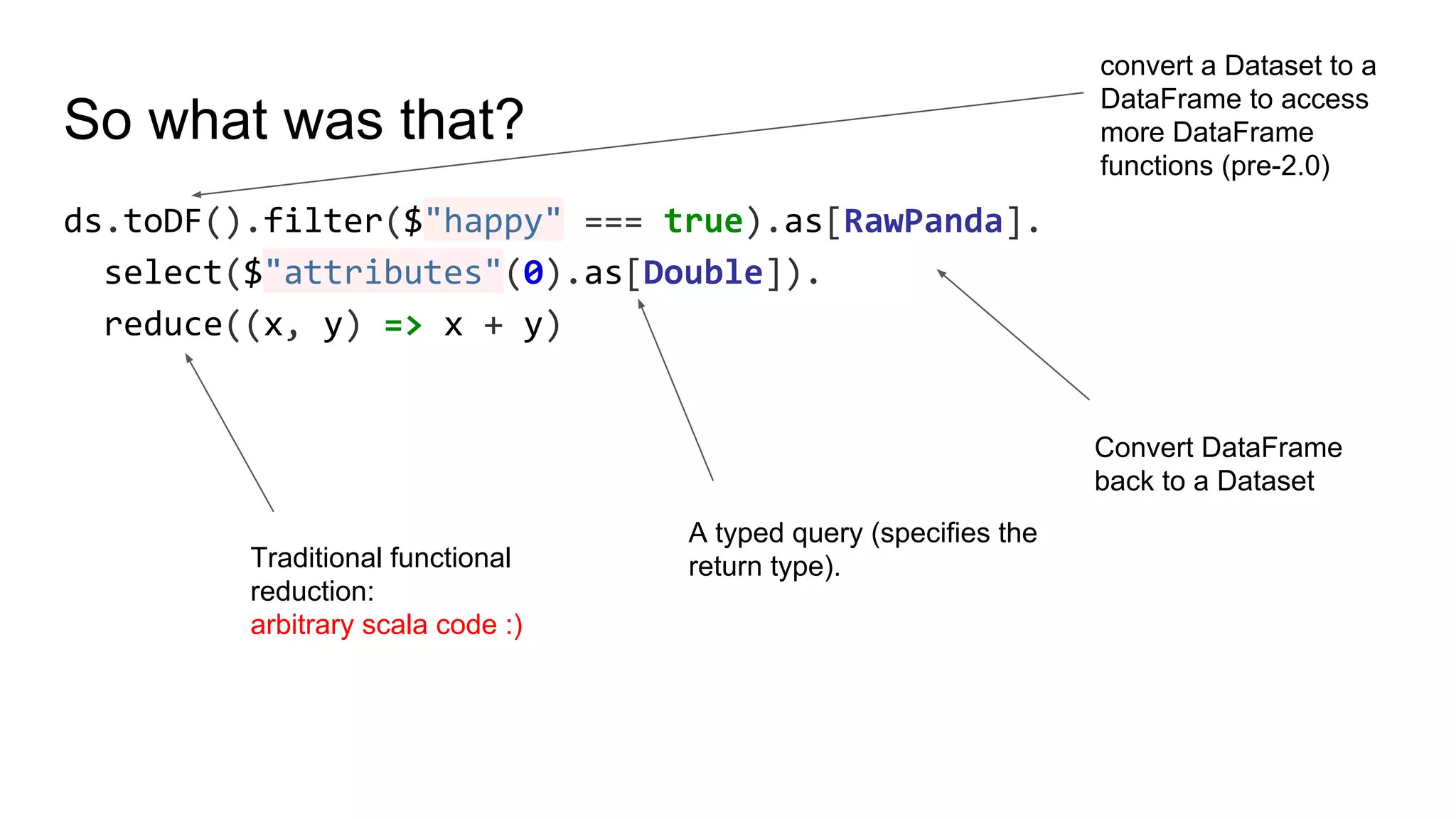 So what was that? ds.toDF().filter($"happy" === true).as[RawPanda]. select($"attributes"(0).as[Double]). reduce((x, y) => x + y) convert a Dataset to a DataFrame to access more DataFrame functions (pre-2.0) Convert DataFrame back to a Dataset A typed query (specifies the return type).Traditional functional reduction: arbitrary scala code :) 