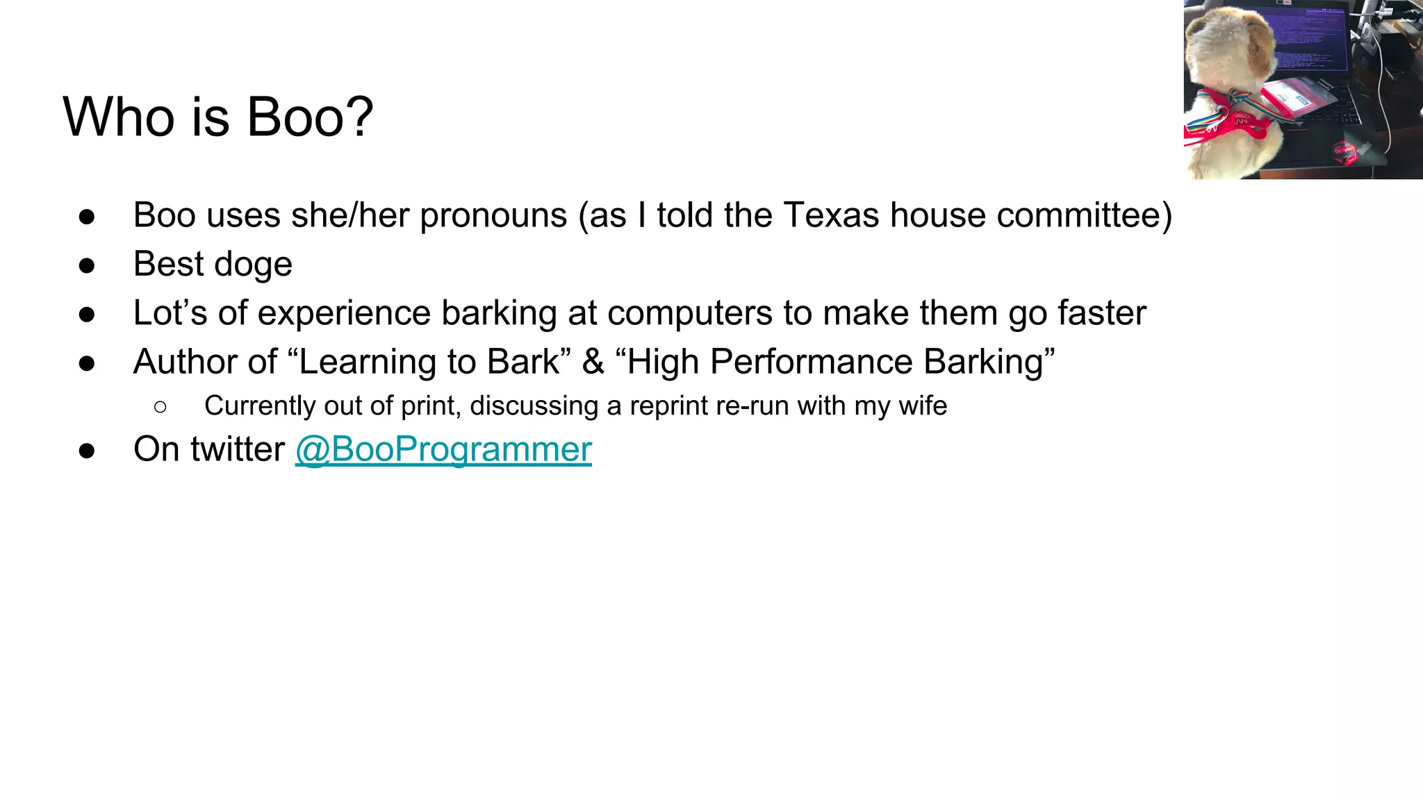 Who is Boo? ● Boo uses she/her pronouns (as I told the Texas house committee) ● Best doge ● Lot’s of experience barking at computers to make them go faster ● Author of “Learning to Bark” & “High Performance Barking” ○ Currently out of print, discussing a reprint re-run with my wife ● On twitter @BooProgrammer 