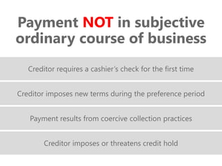 z
Payment NOT in subjective
ordinary course of business
Creditor requires a cashier’s check for the first time
Creditor imposes new terms during the preference period
Payment results from coercive collection practices
Creditor imposes or threatens credit hold
 