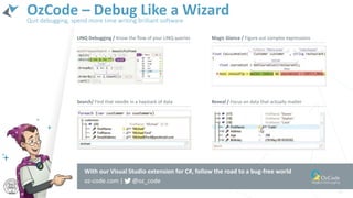 13
OzCode – Debug Like a WizardQuit debugging, spend more time writing brilliant software
With our Visual Studio extension for C#, follow the road to a bug-free world
oz-code.com | @oz_code
Magic Glance / Figure out complex expressionsLINQ Debugging / Know the ﬂow of your LINQ queries
Reveal / Focus on data that actually matterSearch/ Find that needle in a haystack of data
 