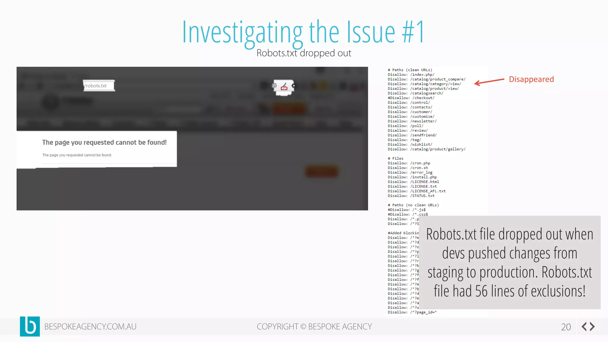 Investigating the Issue #1
Robots.txt file dropped out when
devs pushed changes from
staging to production. Robots.txt
file had 56 lines of exclusions!
Disappeared
 