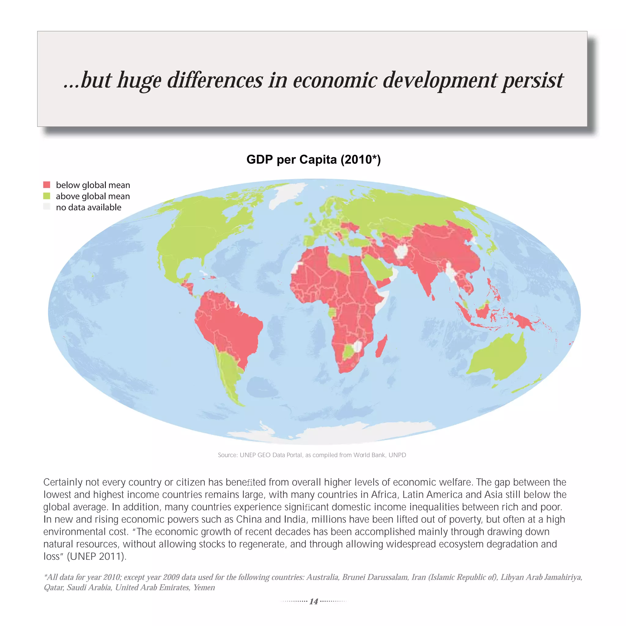 ...but huge differences in economic development persist


                                                             GDP per Capita (2010*)
   below global mean
   above global mean
   no data available




                                                    Source: UNEP GEO Data Portal, as compiled from World Bank, UNPD



Certainly not every country or citizen has beneﬁted from overall higher levels of economic welfare. The gap between the
lowest and highest income countries remains large, with many countries in Africa, Latin America and Asia still below the
global average. In addition, many countries experience signiﬁcant domestic income inequalities between rich and poor.
In new and rising economic powers such as China and India, millions have been lifted out of poverty, but often at a high
environmental cost. “The economic growth of recent decades has been accomplished mainly through drawing down
natural resources, without allowing stocks to regenerate, and through allowing widespread ecosystem degradation and
loss” (UNEP 2011).
*All data for year 2010; except year 2009 data used for the following countries: Australia, Brunei Darussalam, Iran (Islamic Republic of), Libyan Arab Jamahiriya,
Qatar, Saudi Arabia, United Arab Emirates, Yemen
                                                                                  14
 