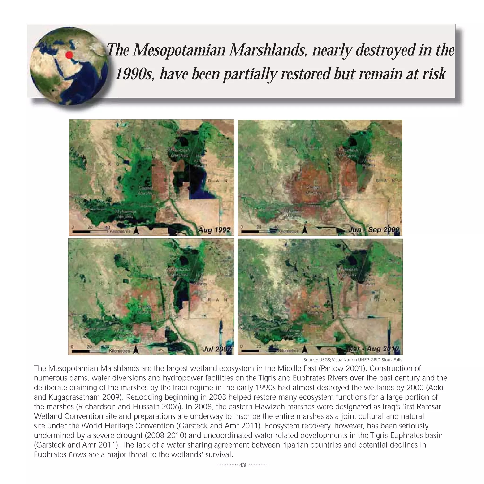 T
                    Th
                    The Mesopotamian Marshlands, nearly destroyed in the
                     1
                     1990s, have been partially restored but remain at risk




                                                                               Source: USGS; Visualization UNEP-GRID Sioux Falls

The Mesopotamian Marshlands are the largest wetland ecosystem in the Middle East (Partow 2001). Construction of
numerous dams, water diversions and hydropower facilities on the Tigris and Euphrates Rivers over the past century and the
deliberate draining of the marshes by the Iraqi regime in the early 1990s had almost destroyed the wetlands by 2000 (Aoki
and Kugaprasatham 2009). Reﬂooding beginning in 2003 helped restore many ecosystem functions for a large portion of
the marshes (Richardson and Hussain 2006). In 2008, the eastern Hawizeh marshes were designated as Iraq’s ﬁrst Ramsar
Wetland Convention site and preparations are underway to inscribe the entire marshes as a joint cultural and natural
site under the World Heritage Convention (Garsteck and Amr 2011). Ecosystem recovery, however, has been seriously
undermined by a severe drought (2008-2010) and uncoordinated water-related developments in the Tigris-Euphrates basin
(Garsteck and Amr 2011). The lack of a water sharing agreement between riparian countries and potential declines in
Euphrates ﬂows are a major threat to the wetlands’ survival.
                                                            43
 