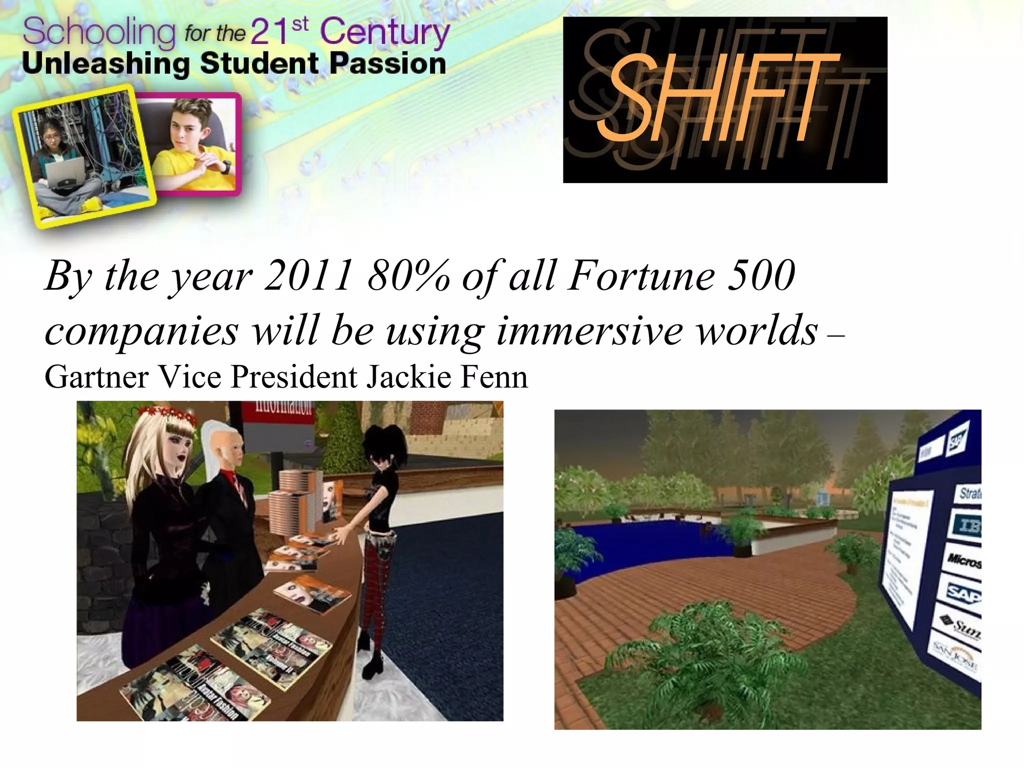 By the year 2011 80% of all Fortune 500 companies will be using immersive worlds  –  Gartner Vice President Jackie Fenn  