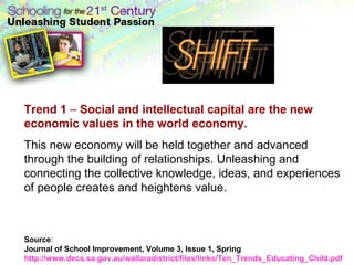 Trend 1  –  Social and intellectual capital are the new economic values in the world economy. This new economy will be held together and advanced through the building of relationships. Unleashing and connecting the collective knowledge, ideas, and experiences of people creates and heightens value. Source : Journal of School Improvement, Volume 3, Issue 1, Spring  2002 http://www.decs.sa.gov.au/wallaradistrict/files/links/Ten_Trends_Educating_Child.pdf   