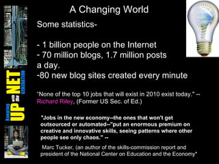 Some statistics- - 1 billion people on the Internet  70 million blogs, 1.7 million posts  a day. 80 new blog sites created every minute “ None of the top 10 jobs that will exist in 2010 exist today." --  Richard Riley , (Former US Sec. of Ed.) A Changing World " Jobs in the new economy--the ones that won't get outsourced or automated--"put an enormous premium on creative and innovative skills, seeing patterns where other people see only chaos." -- Marc Tucker, (an author of the skills-commission report and president of the National Center on Education and the Economy*   