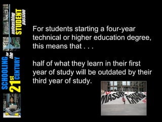 For students starting a four-year technical or higher education degree, this means that . . . half of what they learn in their first year of study will be outdated by their third year of study. 