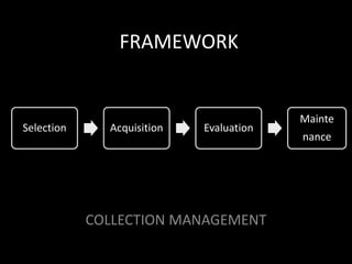 FRAMEWORK
COLLECTION MANAGEMENT
Selection Acquisition Evaluation
Mainte
nance
 