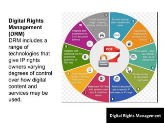 Digital Rights Management
Digital Rights
Management
(DRM)
DRM includes a
range of
technologies that
give IP rights
owners varying
degrees of control
over how digital
content and
services may be
used.
 