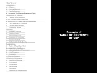 Example of
TABLE OF CONTENTS
OF CDP
Table of Contents
I. Introduction
A. Mission
B. General Objectives
C. Specific Objectives
D. Purposes of the Collection Development Policy
II. Overview of the Collection
A. Types of Library Resources
III. Book Fund and College Library Fund
IV. Responsibility for Library Collection Development
A. The College Library Committee
B. The Role of the Librarian
C. Acquisitions Section
V. Selection
A. Context of Selection
B. Selection Criteria
C. Electronic Resources
D. Statement on Censorship
E. Selection Methods
F. Collection Standards: Quantity
VI. Acquisitions
A. Nature of Acquisitions Work
B. Acquisitions Procedures
C. Alternative Modes of Procurement
D. Gifts/Donations
E. Duplication
VII. Collection Evaluation
VIII. Collection Maintenance
A. Deselection/Weeding
B. Preservation
C. Conservation
D. Microfilming
E. Digitization
F. Retention of Library Materials
 