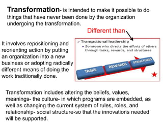 Transformation- is intended to make it possible to do
  things that have never been done by the organization
  undergoing the transformation.
                                   Different than
It involves repositioning and
reorienting action by putting
an organization into a new
business or adopting radically
different means of doing the
work traditionally done.


 Transformation includes altering the beliefs, values,
 meanings- the culture- in which programs are embedded, as
 well as changing the current system of rules, roles, and
 relationship- social structure-so that the innovations needed
 will be supported.
 