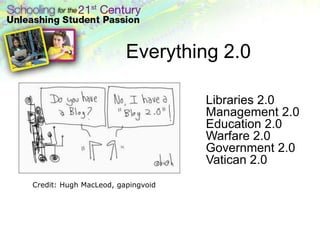 Everything 2.0
By the year 2011 80% of all Fortune 500
                              Libraries 2.0
companies will be using immersive worlds –
Gartner Vice President Jackie Fenn      Management 2.0
                                        Education 2.0
                                        Warfare 2.0
                                        Government 2.0
                                        Vatican 2.0
     Credit: Hugh MacLeod, gapingvoid
 