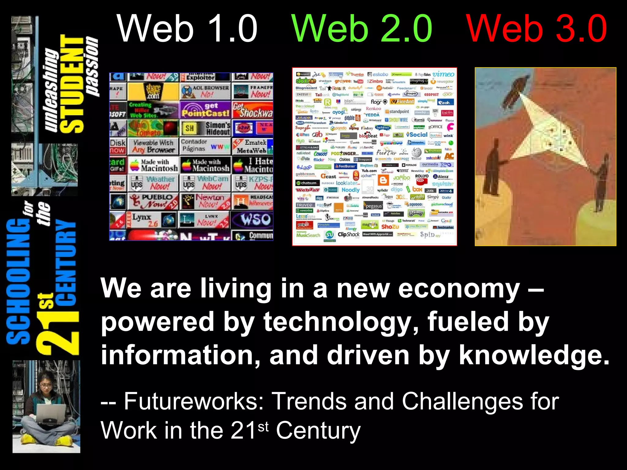 Web 1.0  Web 2.0  Web 3.0 We are living in a new economy – powered by technology, fueled by information, and driven by knowledge.   -- Futureworks: Trends and Challenges for Work in the 21 st  Century 