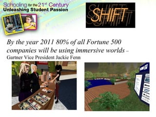 By the year 2011 80% of all Fortune 500 companies will be using immersive worlds  –  Gartner Vice President Jackie Fenn  