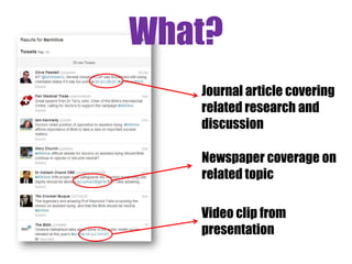 Task 5
• Spend some time having a look at some of the resources:
• JISCMail (email/RSS)
• Piirus
• ResearchGate
• Academic Blogs / Scoop.it
• Twitter
Via Flickr Creative Commons, by © Stuti Sakhalkar. Original available
at http://www.flickr.com/photos/theblackcanvas/2945878325/
 
