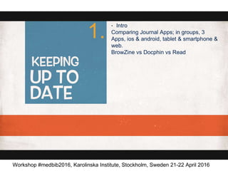 • Intro
Comparing Journal Apps; in groups, 3
Apps, ios & android, tablet & smartphone &
web.
BrowZine vs Docphin vs Read
1.
Workshop #medbib2016, Karolinska Institute, Stockholm, Sweden 21-22 April 2016
 