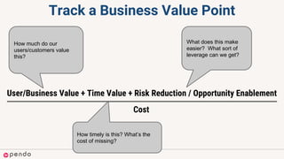 User/Business Value + Time Value + Risk Reduction / Opportunity Enablement
Cost
What does this make
easier? What sort of
leverage can we get?
How timely is this? What’s the
cost of missing?
How much do our
users/customers value
this?
Track a Business Value Point
 