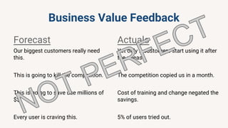 Business Value Feedback
Forecast
Our biggest customers really need
this.
This is going to kill the competition.
This is going to save use millions of
$$.
Every user is craving this.
Actuals
Yet only 2 customers start using it after
the release.
The competition copied us in a month.
Cost of training and change negated the
savings.
5% of users tried out.
 