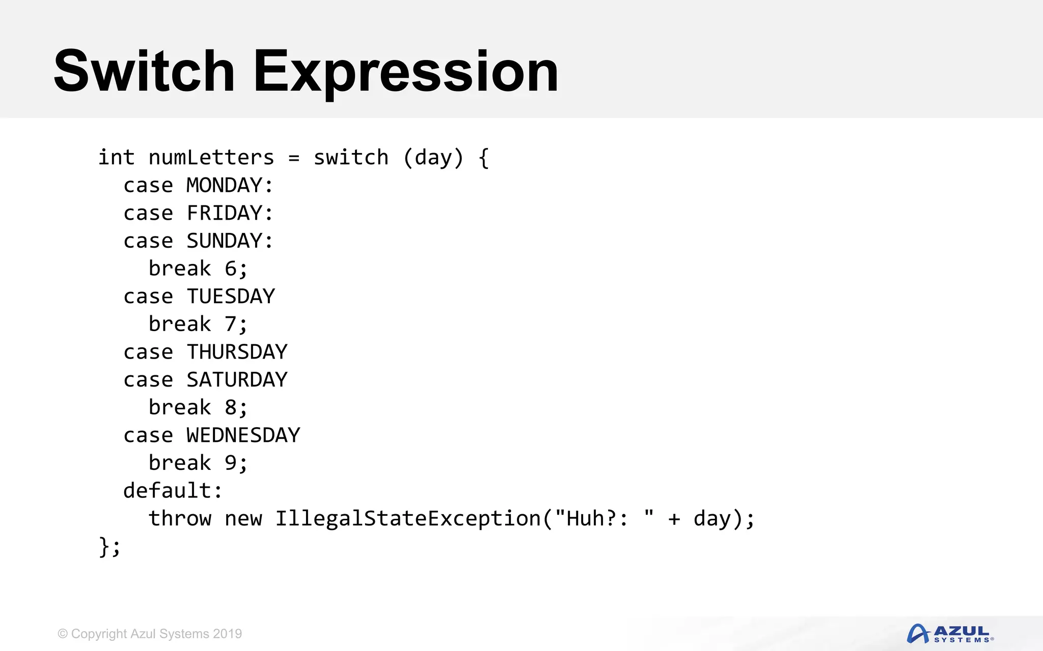 © Copyright Azul Systems 2019
Switch Expression
int numLetters = switch (day) {
case MONDAY:
case FRIDAY:
case SUNDAY:
break 6;
case TUESDAY
break 7;
case THURSDAY
case SATURDAY
break 8;
case WEDNESDAY
break 9;
default:
throw new IllegalStateException("Huh?: " + day);
};
 