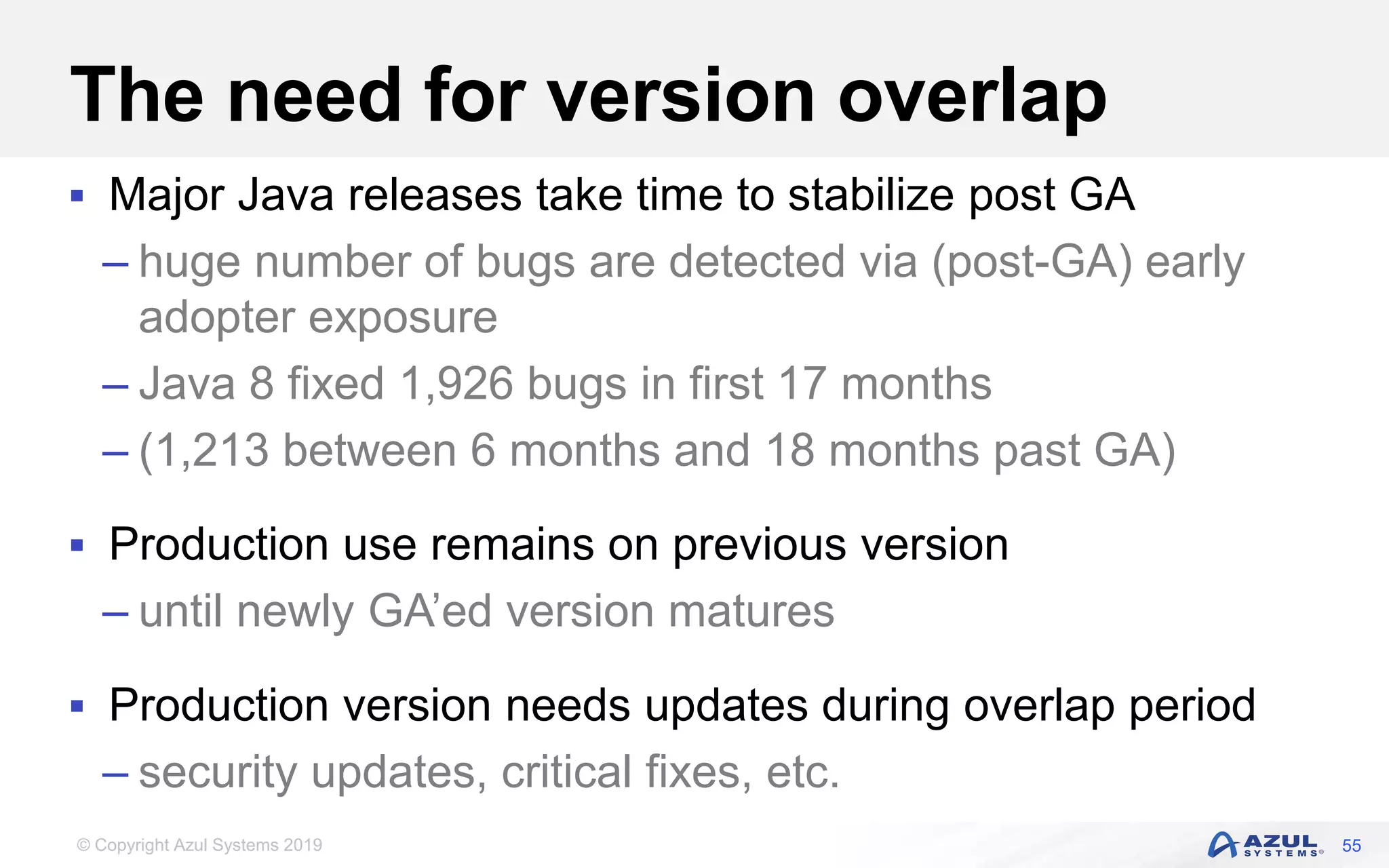 © Copyright Azul Systems 2019
The need for version overlap
 Major Java releases take time to stabilize post GA
– huge number of bugs are detected via (post-GA) early
adopter exposure
– Java 8 fixed 1,926 bugs in first 17 months
– (1,213 between 6 months and 18 months past GA)
 Production use remains on previous version
– until newly GA’ed version matures
 Production version needs updates during overlap period
– security updates, critical fixes, etc.
55
 